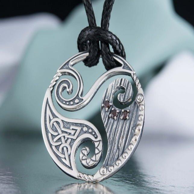 Circle Shield Pendant with Triskelion and CZ Ornament Sterling Silver Norse Necklace