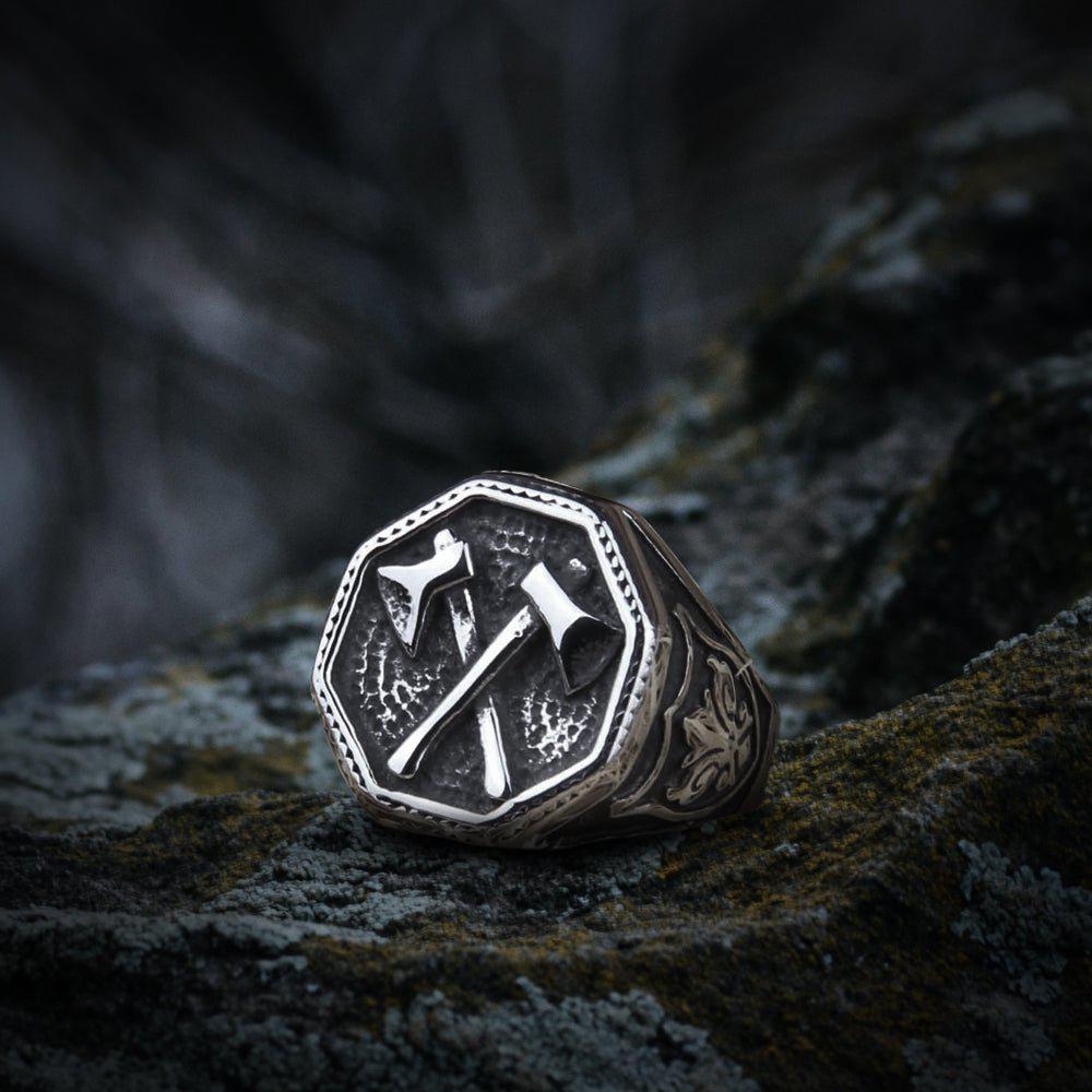 Cross Double Battle Axe Viking Ring