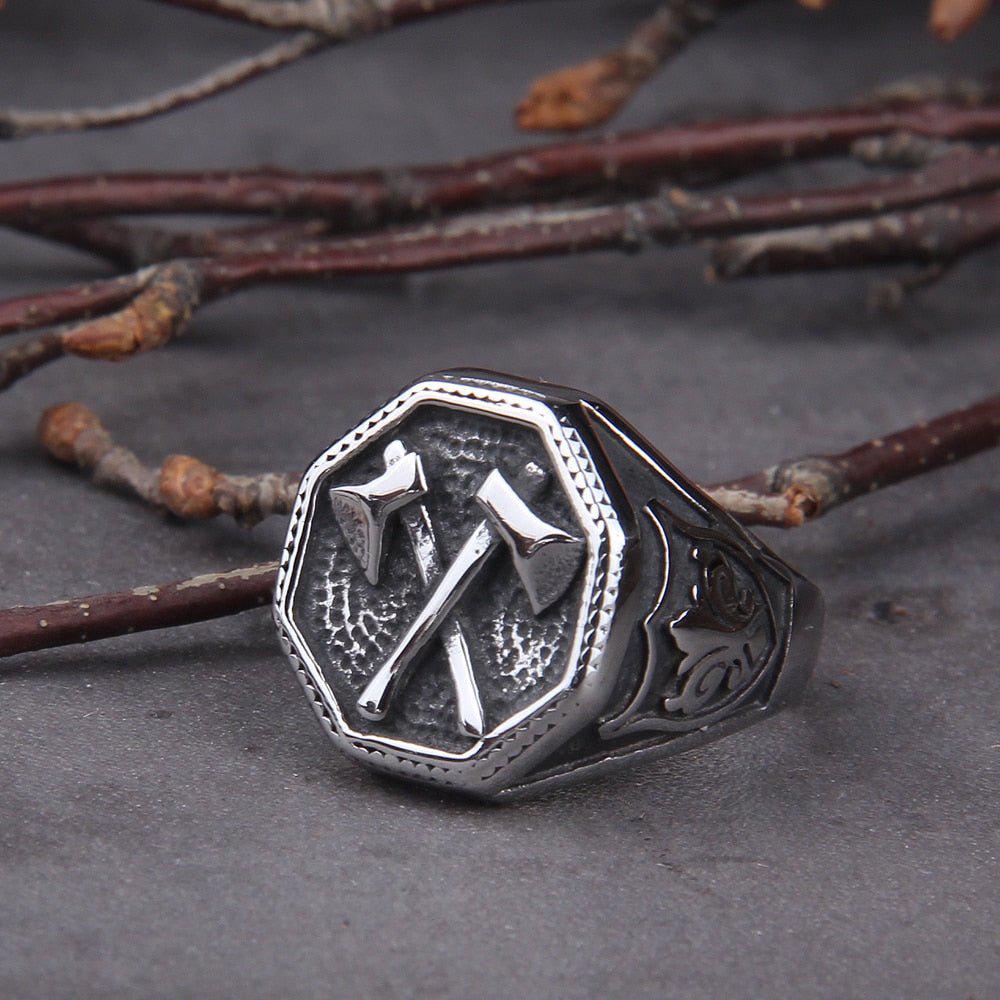 Cross Double Battle Axe Viking Ring