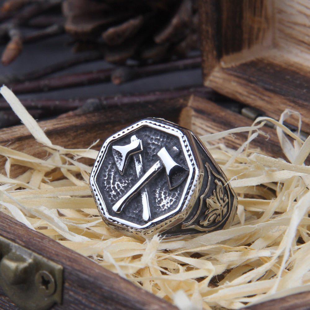 Cross Double Battle Axe Viking Ring