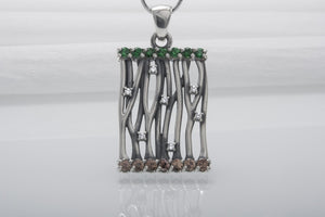 Norse Sterling Silver Pendant With Yggdrasil Tree And Gems, Unique Handmade Jewelry