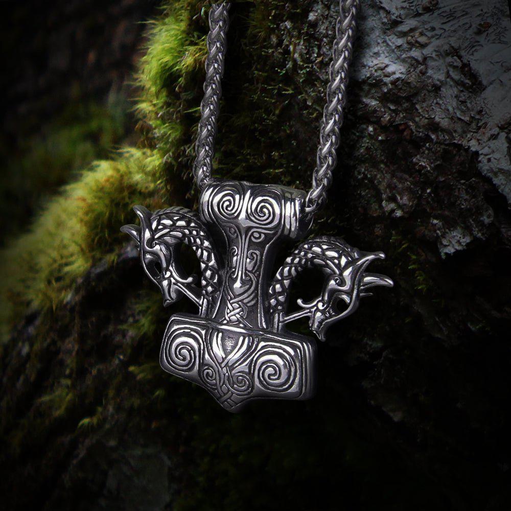 Dragon Head Thor's Hammer Mjolnir Heavy Steel Pendant