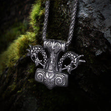 Load image into Gallery viewer, Dragon Head Thor&#39;s Hammer Mjolnir Heavy Steel Pendant
