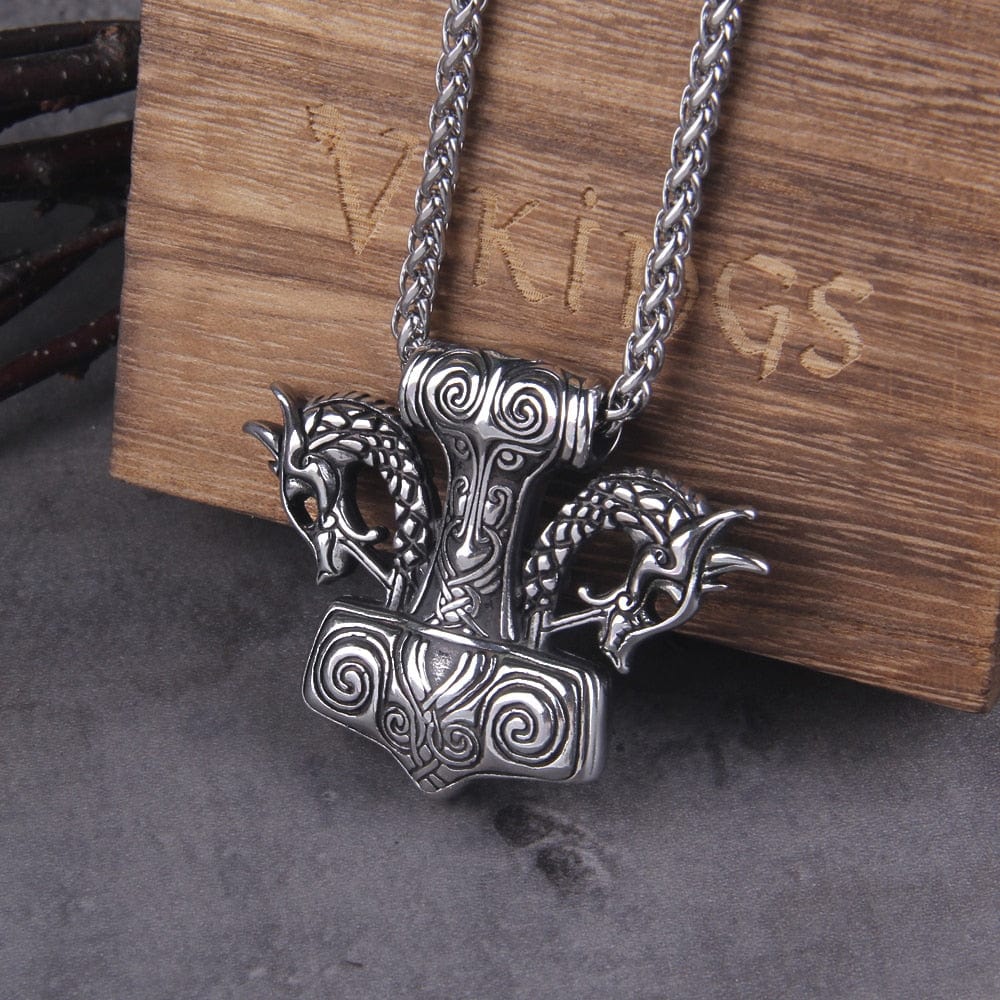 Dragon Head Thor's Hammer Mjolnir Heavy Steel Pendant