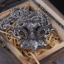 Load image into Gallery viewer, Dragon Head Thor&#39;s Hammer Mjolnir Heavy Steel Pendant
