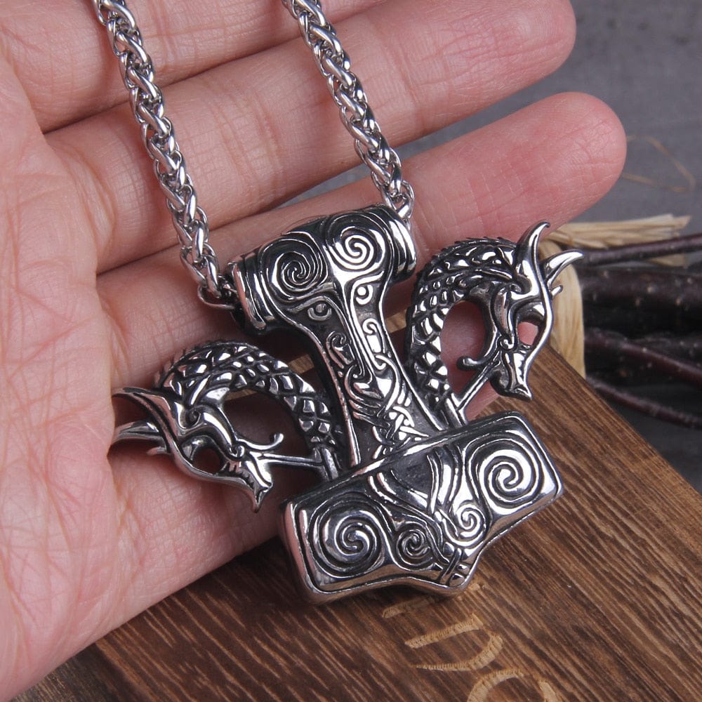 Dragon Head Thor's Hammer Mjolnir Heavy Steel Pendant