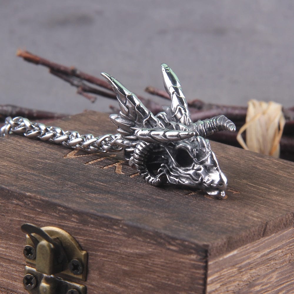 Dragon Skull Steel Pendant Necklace - Nidhogg Corpse Eater