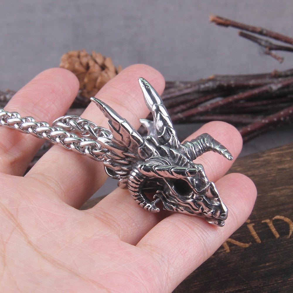 Dragon Skull Steel Pendant Necklace - Nidhogg Corpse Eater