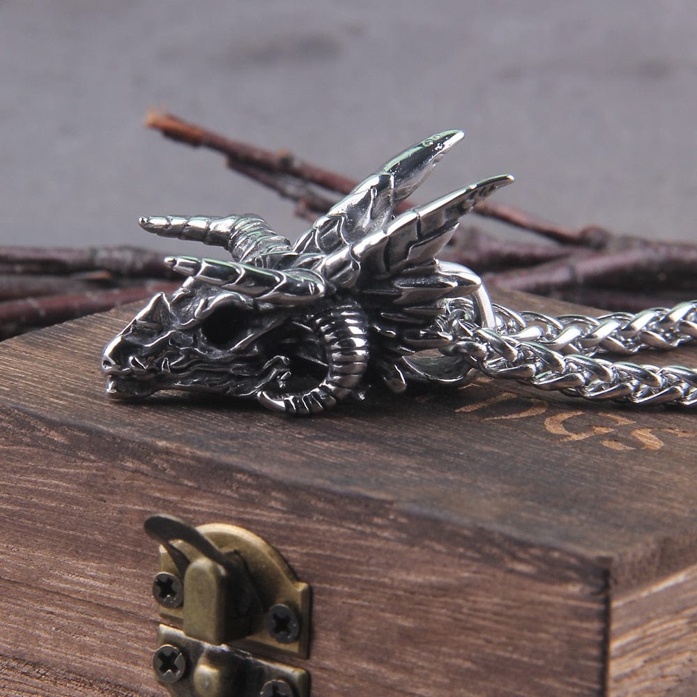 Dragon Skull Steel Pendant Necklace - Nidhogg Corpse Eater