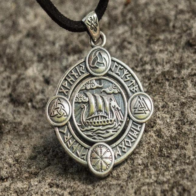 Drakkar Pendant with Norse Symbols Sterling Silver Viking Necklace