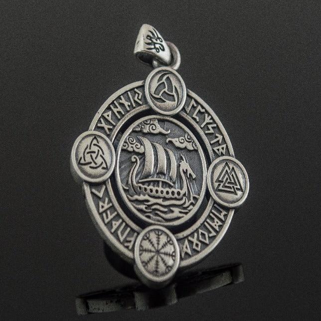 Drakkar Pendant with Norse Symbols Sterling Silver Viking Necklace