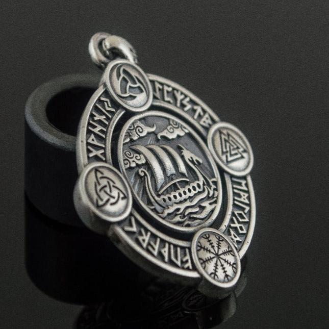 Drakkar Pendant with Norse Symbols Sterling Silver Viking Necklace