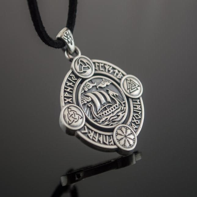 Drakkar Pendant with Norse Symbols Sterling Silver Viking Necklace