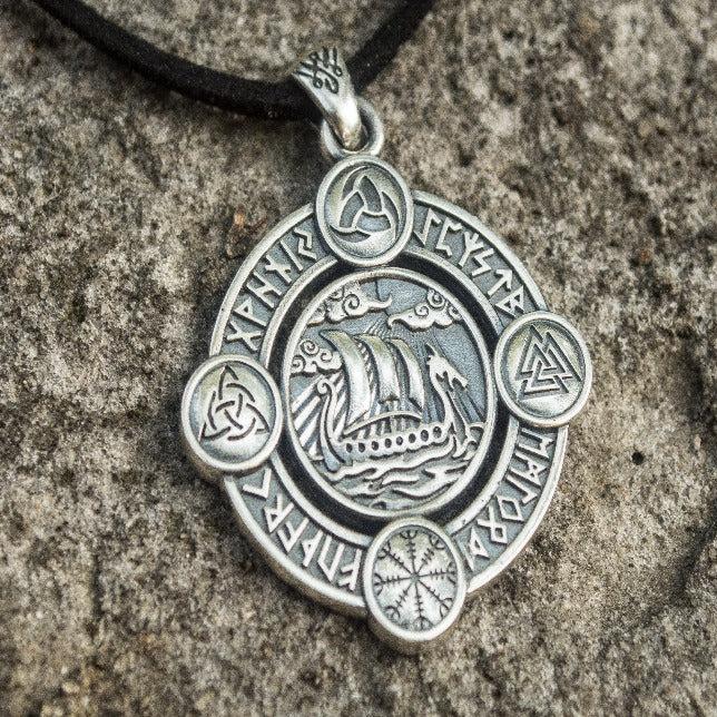 Drakkar Pendant with Norse Symbols Sterling Silver Viking Necklace