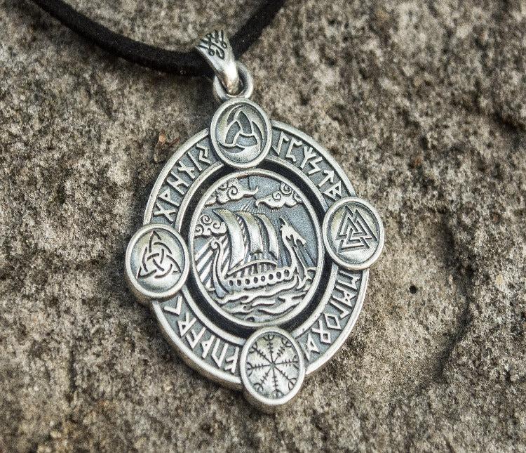 Drakkar Pendant with Norse Symbols Sterling Silver Viking Necklace