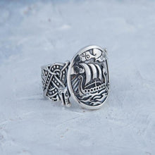 Load image into Gallery viewer, Drakkar Symbol with Wolf Ornament Ring | Unique Norse Jewelry
