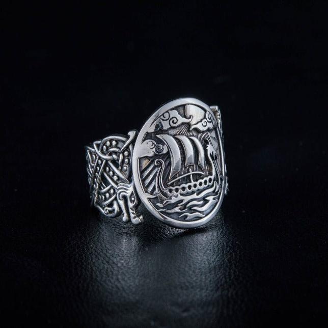 Drakkar Symbol with Wolf Ornament Ring | Unique Norse Jewelry