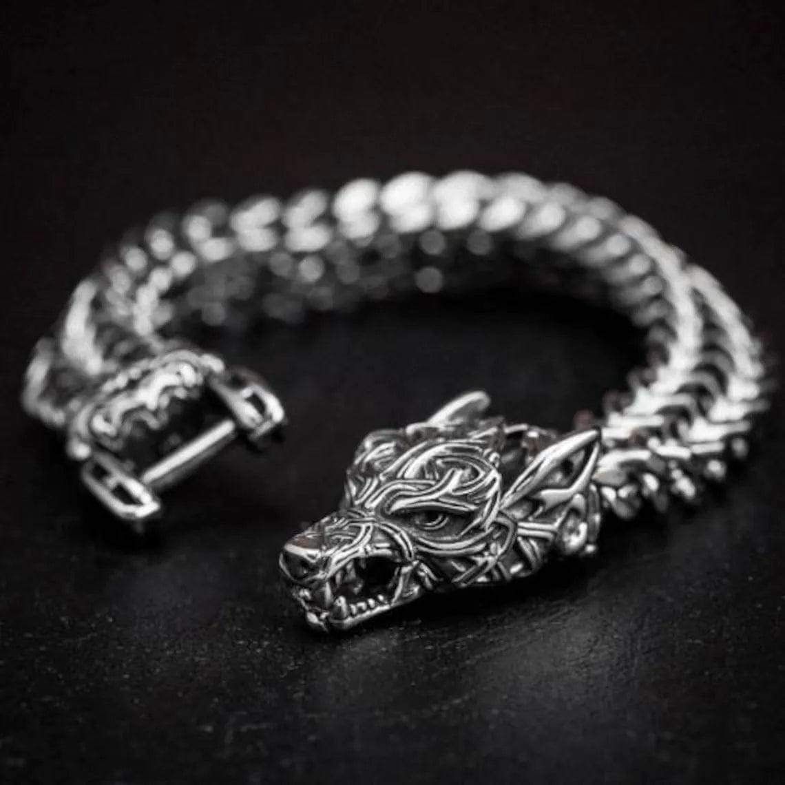 Fenrir Sun-Eater Wolf of Ragnarok Bracelet | Viking Steel Jewelry