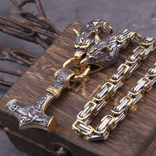 Load image into Gallery viewer, Fenrir Sun-Eater Wolf of Ragnarok Mjolnir King&#39;s Chain | Gold &amp; Steel
