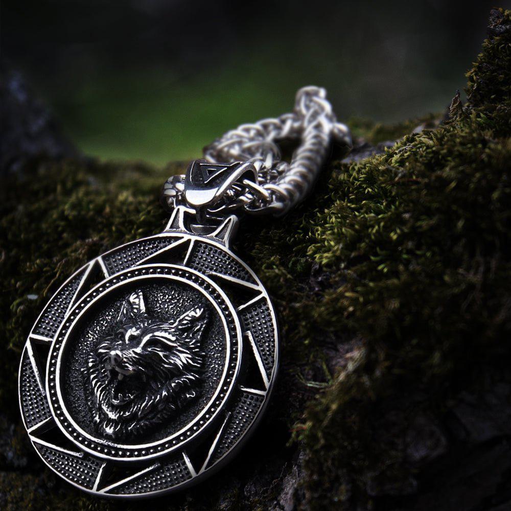 Fenrir Wolf of Ragnarok Medallion Talisman Necklace | Steel Viking Jewelry