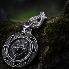 Load image into Gallery viewer, Fenrir Wolf of Ragnarok Medallion Talisman Necklace | Steel Viking Jewelry
