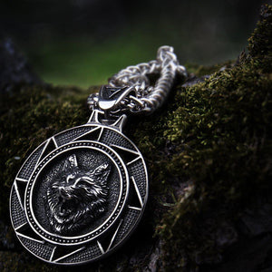 Fenrir Wolf of Ragnarok Medallion Talisman Necklace | Steel Viking Jewelry