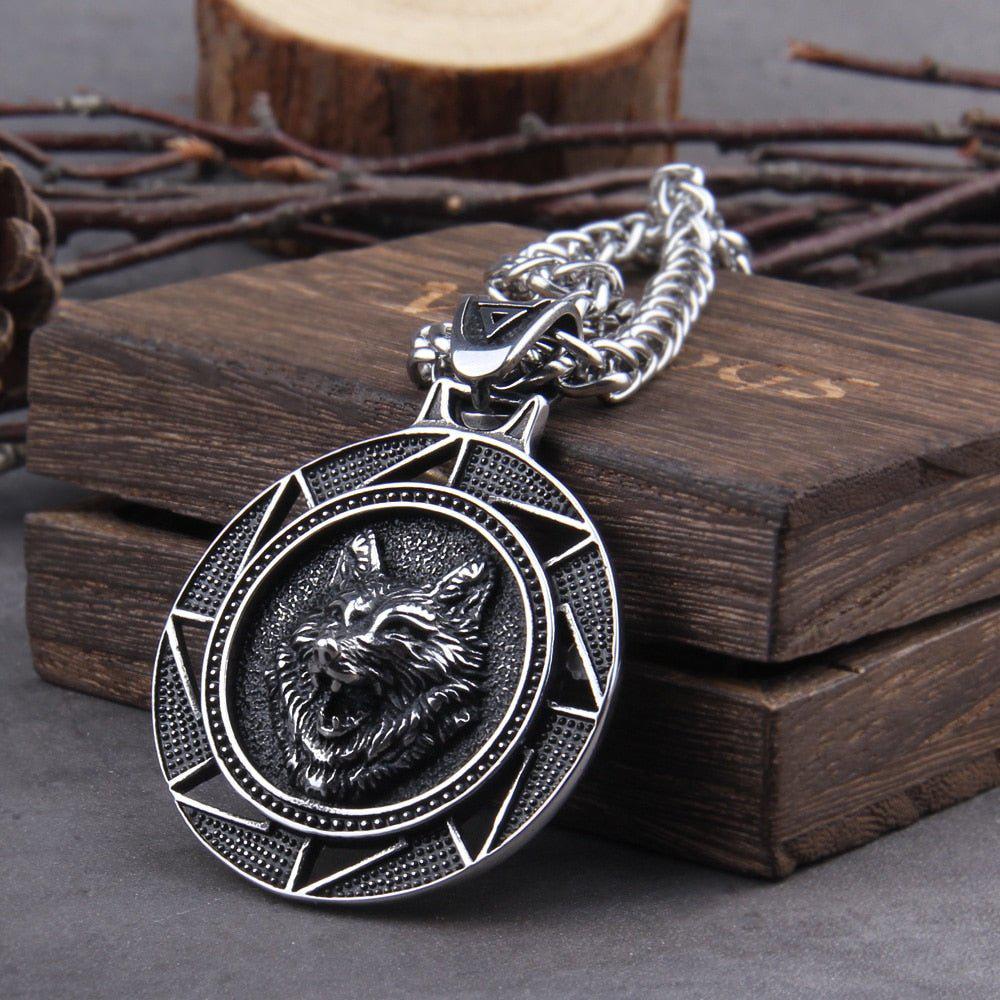 Fenrir Wolf of Ragnarok Medallion Talisman Necklace | Steel Viking Jewelry