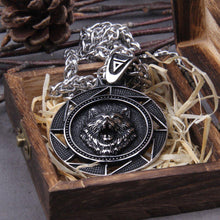 Load image into Gallery viewer, Fenrir Wolf of Ragnarok Medallion Talisman Necklace | Steel Viking Jewelry
