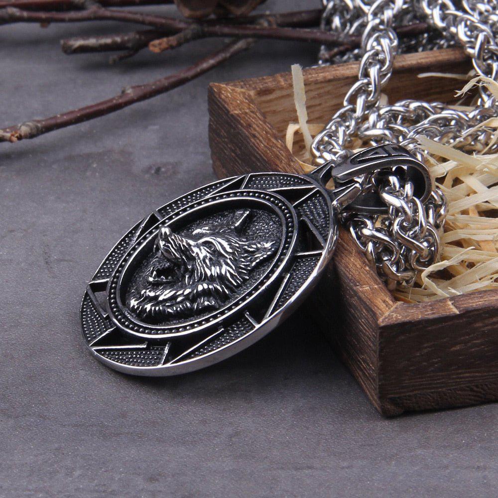 Fenrir Wolf of Ragnarok Medallion Talisman Necklace | Steel Viking Jewelry