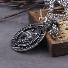 Load image into Gallery viewer, Fenrir Wolf of Ragnarok Medallion Talisman Necklace | Steel Viking Jewelry
