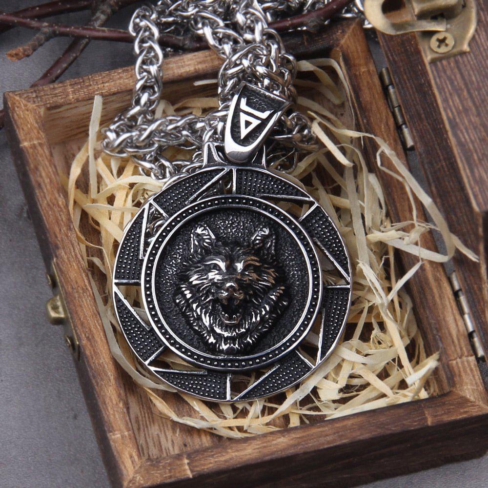 Fenrir Wolf of Ragnarok Medallion Talisman Necklace | Steel Viking Jewelry