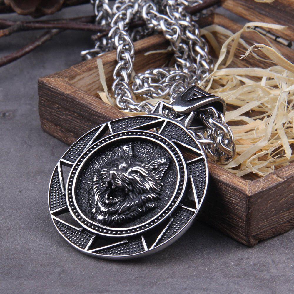 Fenrir Wolf of Ragnarok Medallion Talisman Necklace | Steel Viking Jewelry