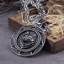 Load image into Gallery viewer, Fenrir Wolf of Ragnarok Medallion Talisman Necklace | Steel Viking Jewelry
