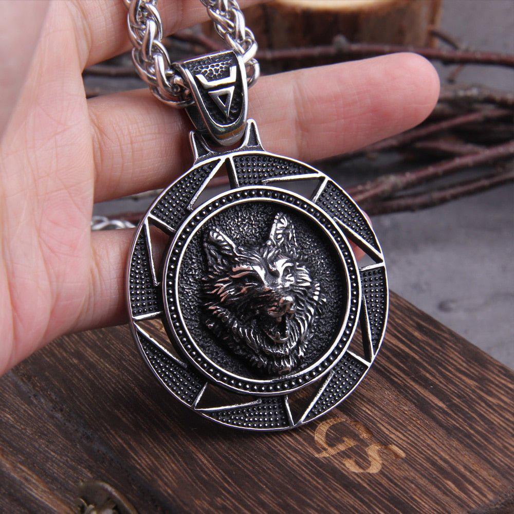 Fenrir Wolf of Ragnarok Medallion Talisman Necklace | Steel Viking Jewelry