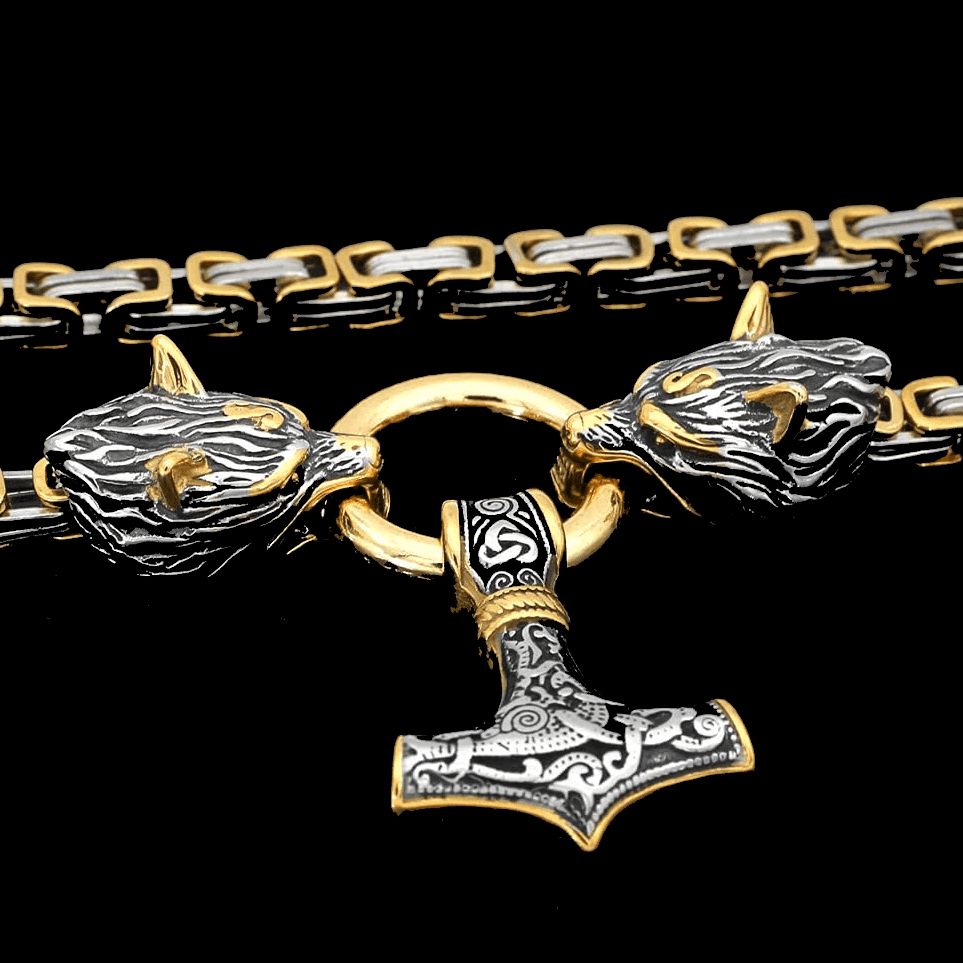 Wolf's Head Thor's Hammer Mjolnir Viking Necklace | Gold & Steel Chain