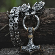 Load image into Gallery viewer, Fenrir Sun-Eater Wolf of Ragnarok Necklace | Steel Byzantine Chain
