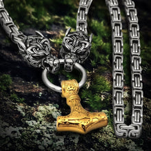 Load image into Gallery viewer, Gold Fenrir Sun-Eater Wolf of Ragnarok Necklace | Steel Byzantine Chain
