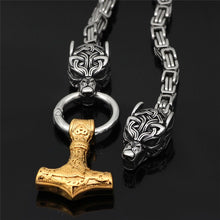 Load image into Gallery viewer, Gold Fenrir Sun-Eater Wolf of Ragnarok Necklace | Steel Byzantine Chain
