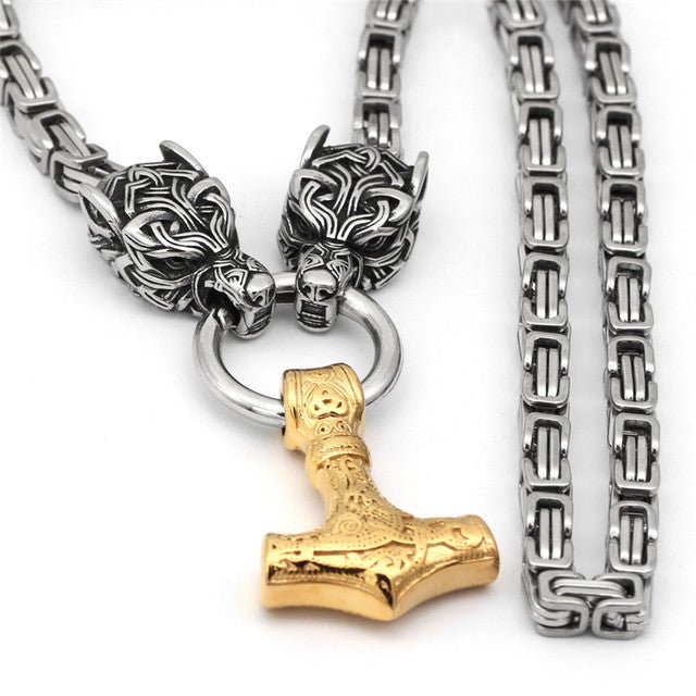 Gold Fenrir Sun-Eater Wolf of Ragnarok Necklace | Steel Byzantine Chain