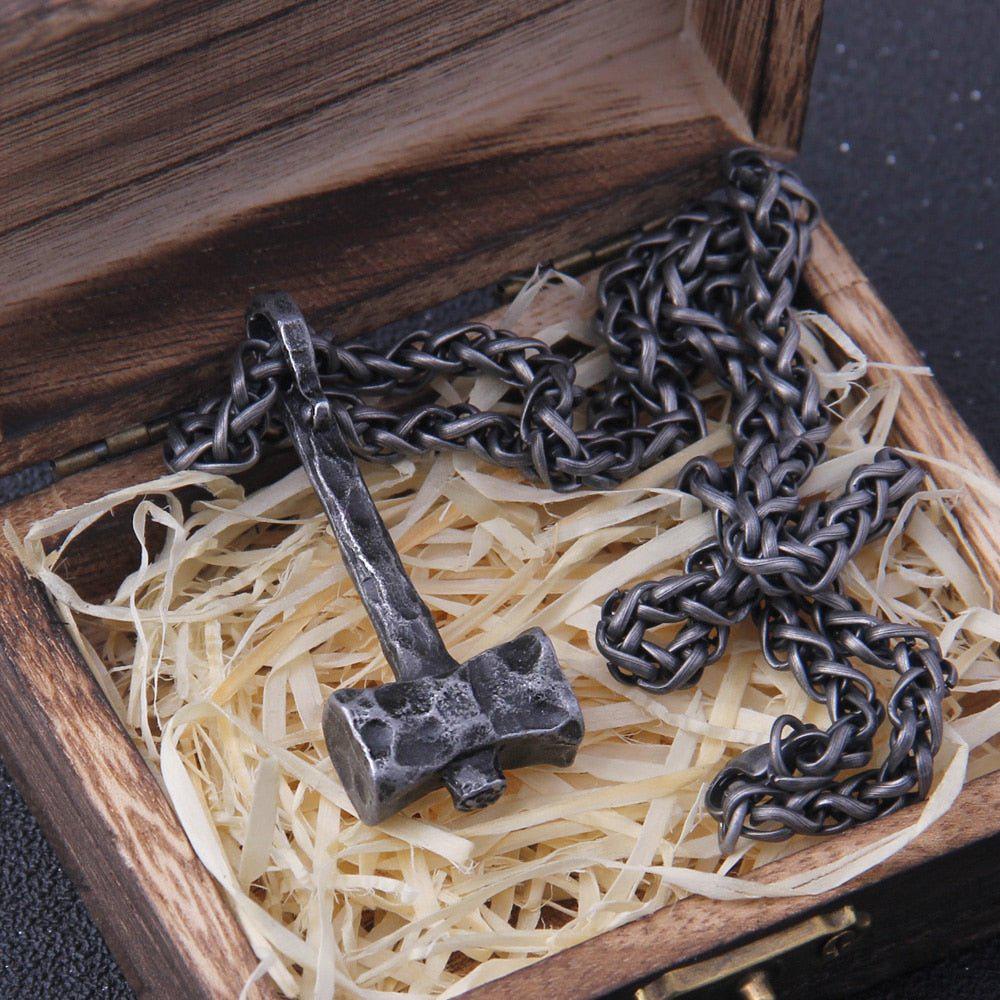 Hammered Iron Thor's Hammer Mjolnir Pendant Necklace