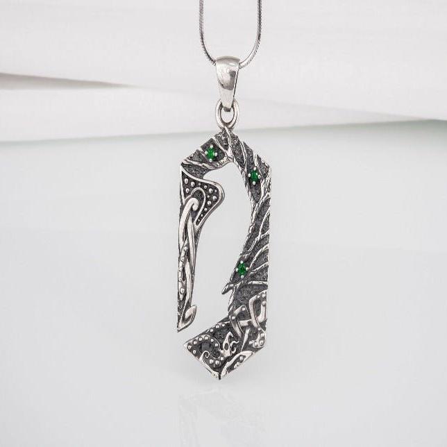 Handcrafted 925 silver Raven pendant with gems and ornament, unique Viking jewelry