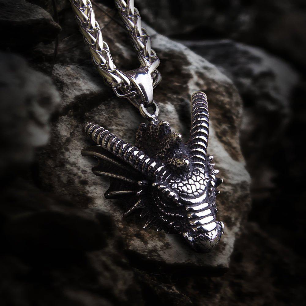 Heavy Steel Viking Dragon Bust Pendant Necklace