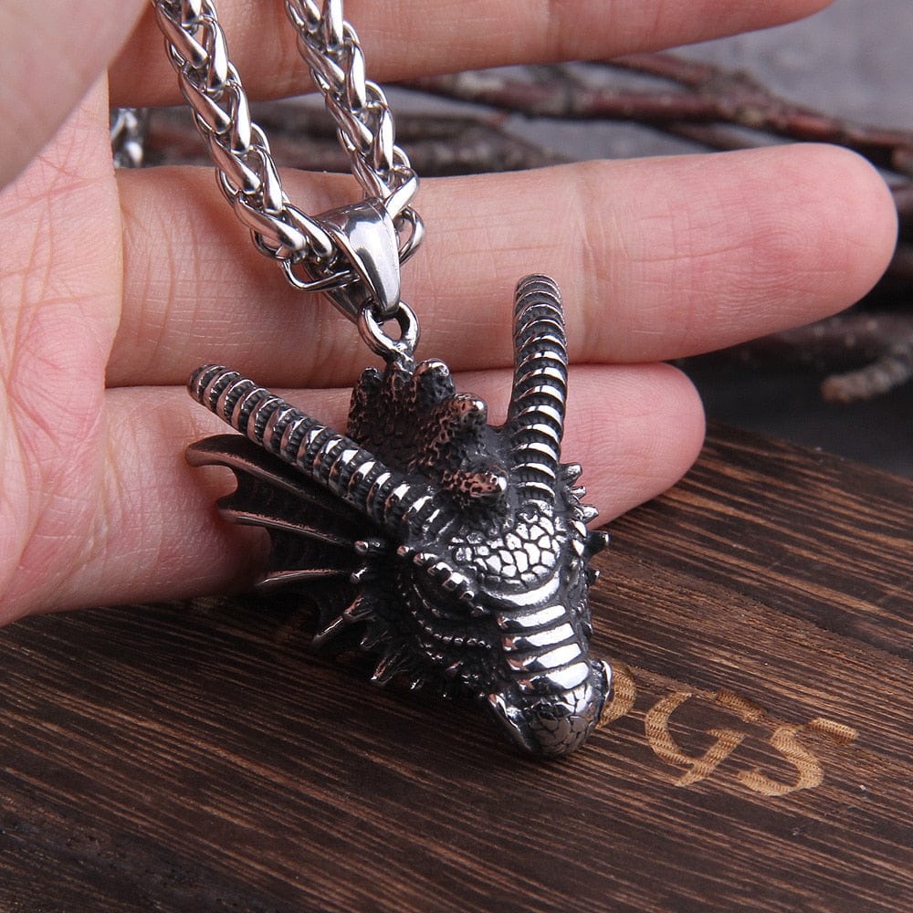 Heavy Steel Viking Dragon Bust Pendant Necklace