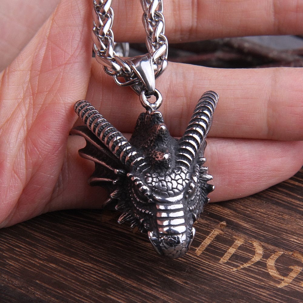 Heavy Steel Viking Dragon Bust Pendant Necklace