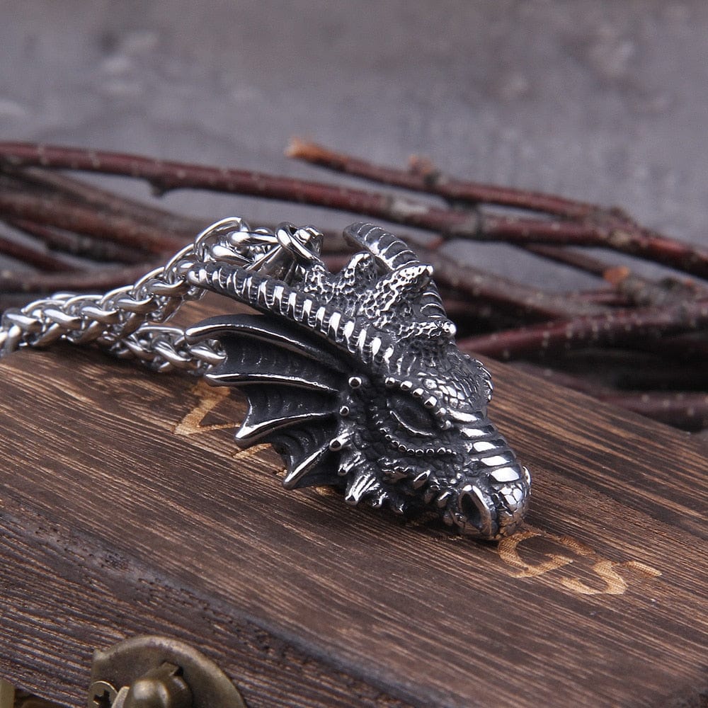 Heavy Steel Viking Dragon Bust Pendant Necklace