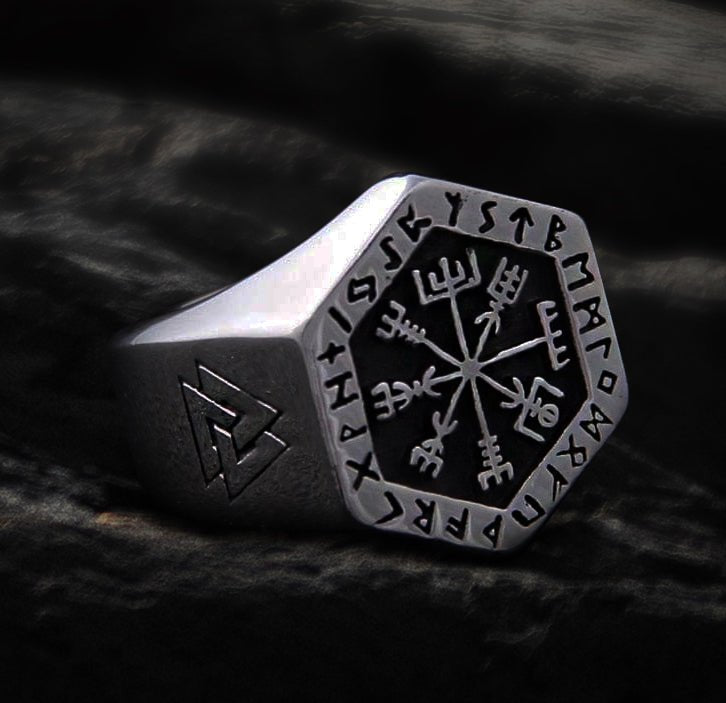 Hexagon Steel Viking Compass Vegvisir Ring