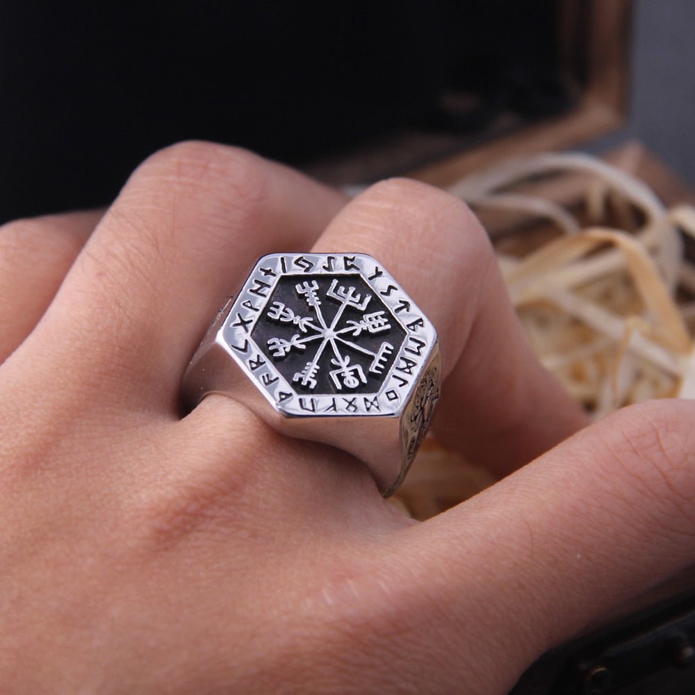 Hexagon Steel Viking Compass Vegvisir Ring