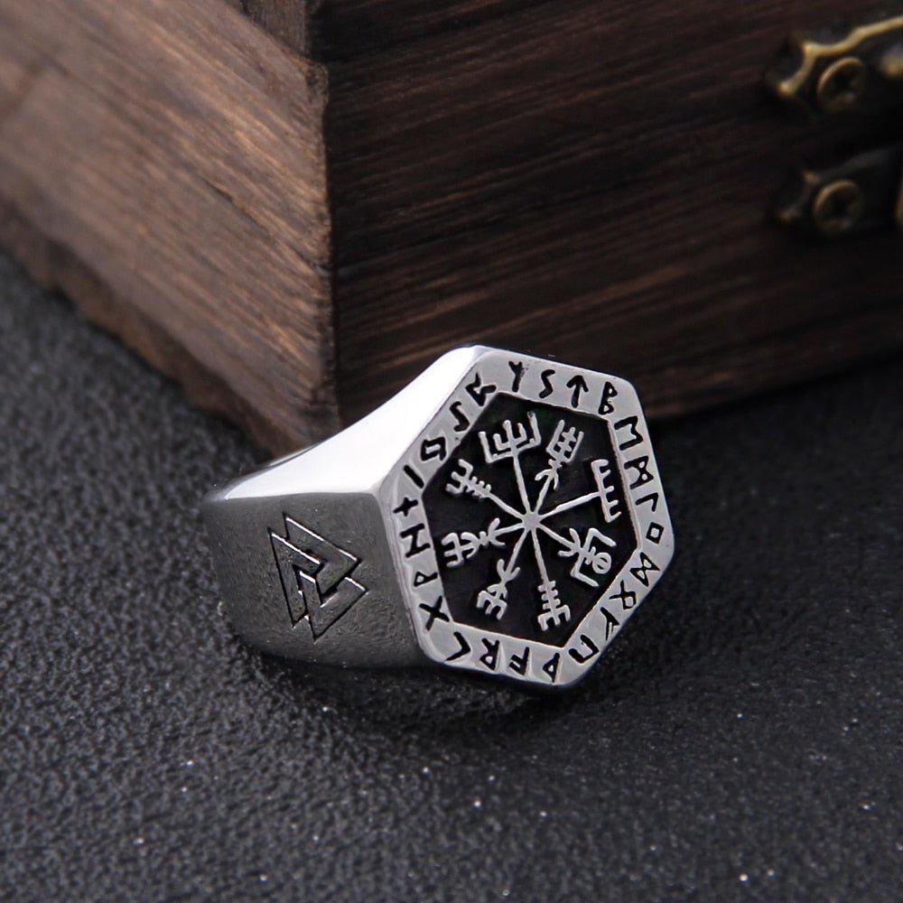 Hexagon Steel Viking Compass Vegvisir Ring