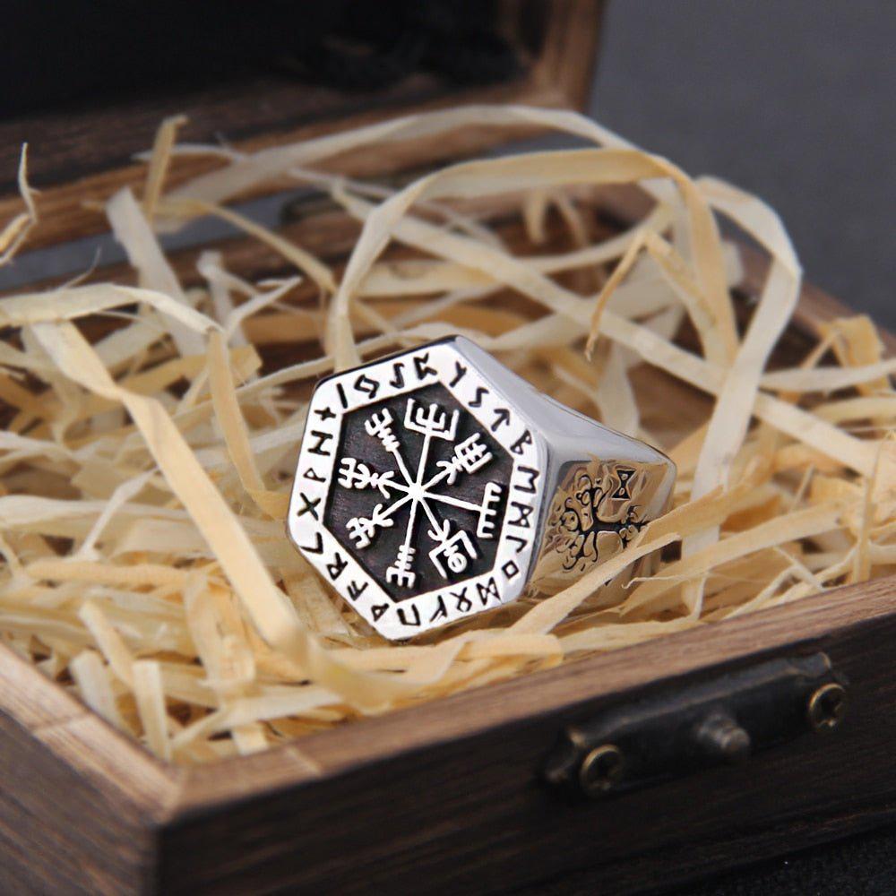 Hexagon Steel Viking Compass Vegvisir Ring