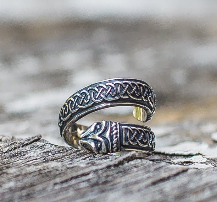 Jormungand Ring with Viking Ornament Sterling Silver Viking Ring